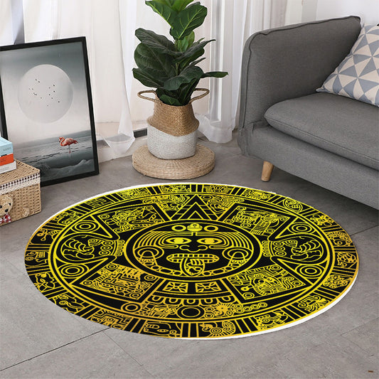 Black And Yellow Maya Calendar Print Round Rug