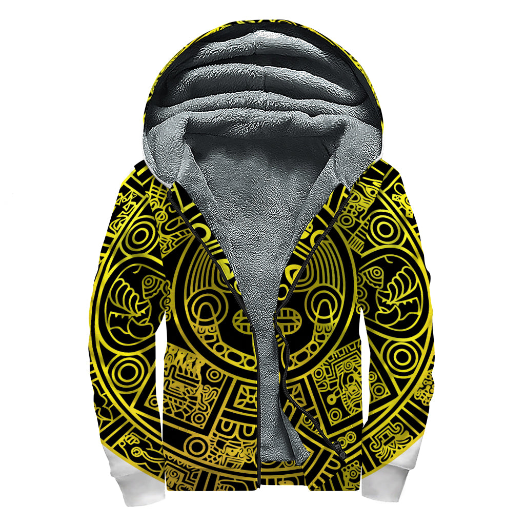 Black And Yellow Maya Calendar Print Sherpa Lined Zip Up Hoodie