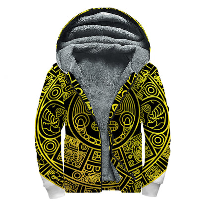 Black And Yellow Maya Calendar Print Sherpa Lined Zip Up Hoodie