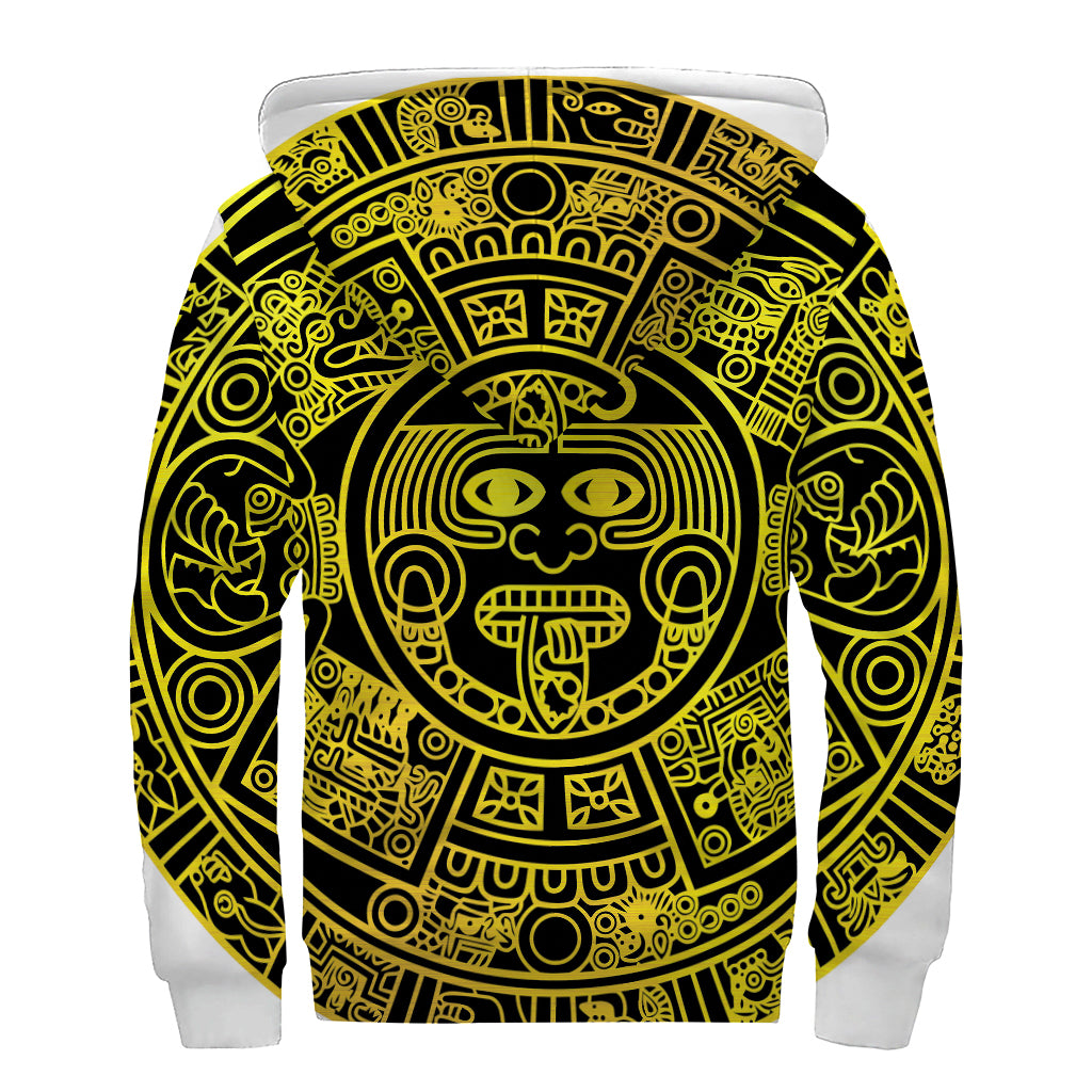 Black And Yellow Maya Calendar Print Sherpa Lined Zip Up Hoodie