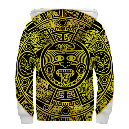Black And Yellow Maya Calendar Print Sherpa Lined Zip Up Hoodie