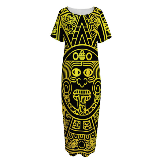 Black And Yellow Maya Calendar Print Short Sleeve Long Nightdress