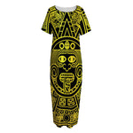 Black And Yellow Maya Calendar Print Short Sleeve Long Nightdress