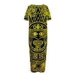 Black And Yellow Maya Calendar Print Short Sleeve Long Nightdress