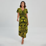 Black And Yellow Maya Calendar Print Short Sleeve Maxi Dress