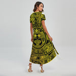 Black And Yellow Maya Calendar Print Short Sleeve Maxi Dress