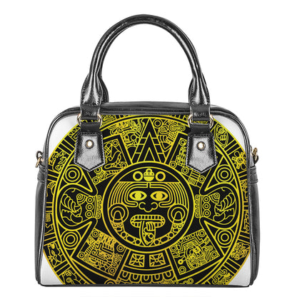 Black And Yellow Maya Calendar Print Shoulder Handbag