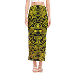 Black And Yellow Maya Calendar Print Side Slit Maxi Skirt