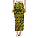 Black And Yellow Maya Calendar Print Side Slit Maxi Skirt