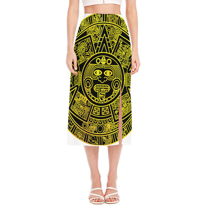 Black And Yellow Maya Calendar Print Side Slit Midi Skirt