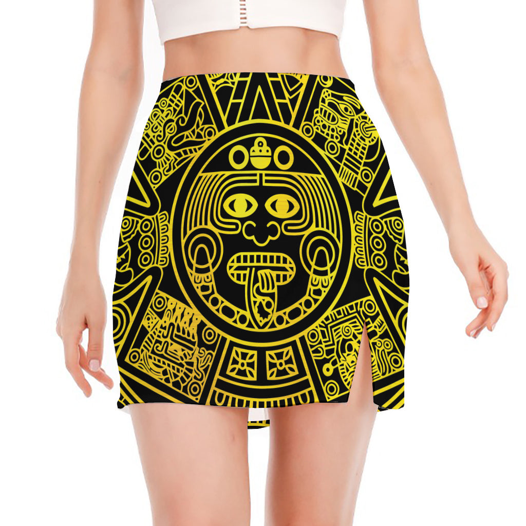 Black And Yellow Maya Calendar Print Side Slit Mini Skirt