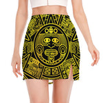 Black And Yellow Maya Calendar Print Side Slit Mini Skirt