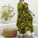 Black And Yellow Maya Calendar Print Silk V-Neck Kaftan Dress
