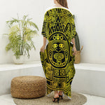 Black And Yellow Maya Calendar Print Silk V-Neck Kaftan Dress