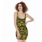 Black And Yellow Maya Calendar Print Sleeveless Bodycon Dress