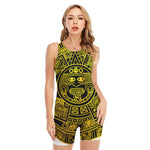 Black And Yellow Maya Calendar Print Sleeveless One Piece Swimsuit