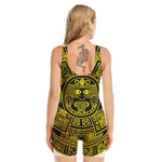 Black And Yellow Maya Calendar Print Sleeveless One Piece Swimsuit