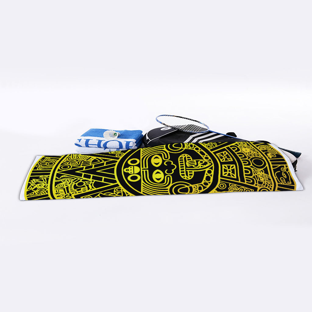 Black And Yellow Maya Calendar Print Sports Towel