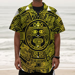 Black And Yellow Maya Calendar Print Textured Short Sleeve Shirt