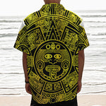 Black And Yellow Maya Calendar Print Textured Short Sleeve Shirt