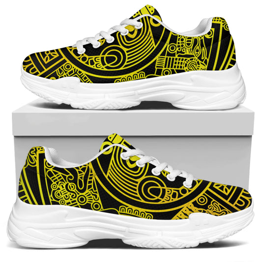 Black And Yellow Maya Calendar Print White Chunky Shoes