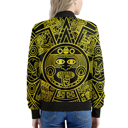 Black And Yellow Maya Calendar Print Women's Bomber Jacket