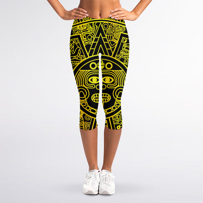 Black And Yellow Maya Calendar Print Women's Capri Leggings