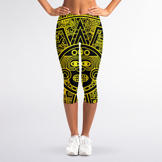 Black And Yellow Maya Calendar Print Women's Capri Leggings