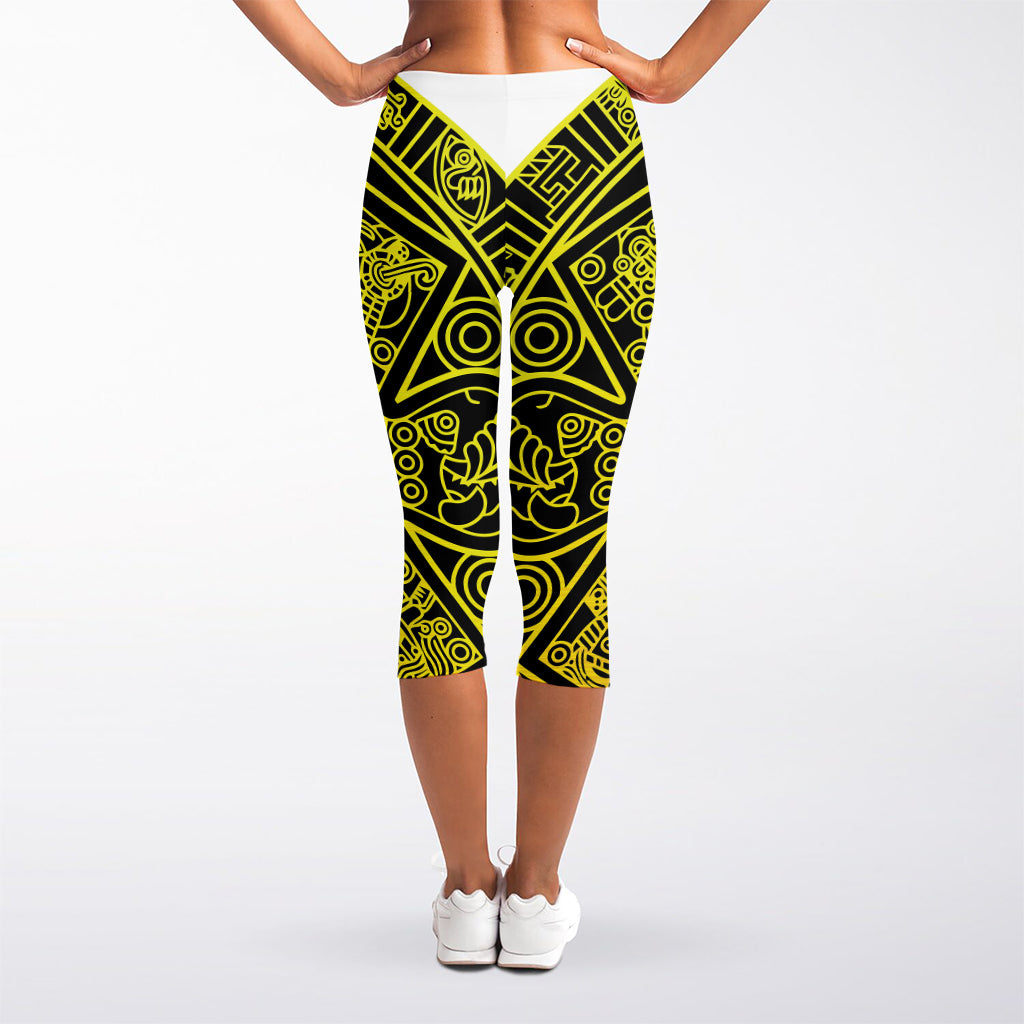 Black And Yellow Maya Calendar Print Women's Capri Leggings