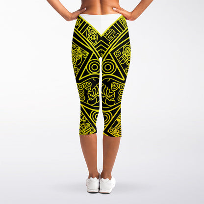 Black And Yellow Maya Calendar Print Women's Capri Leggings