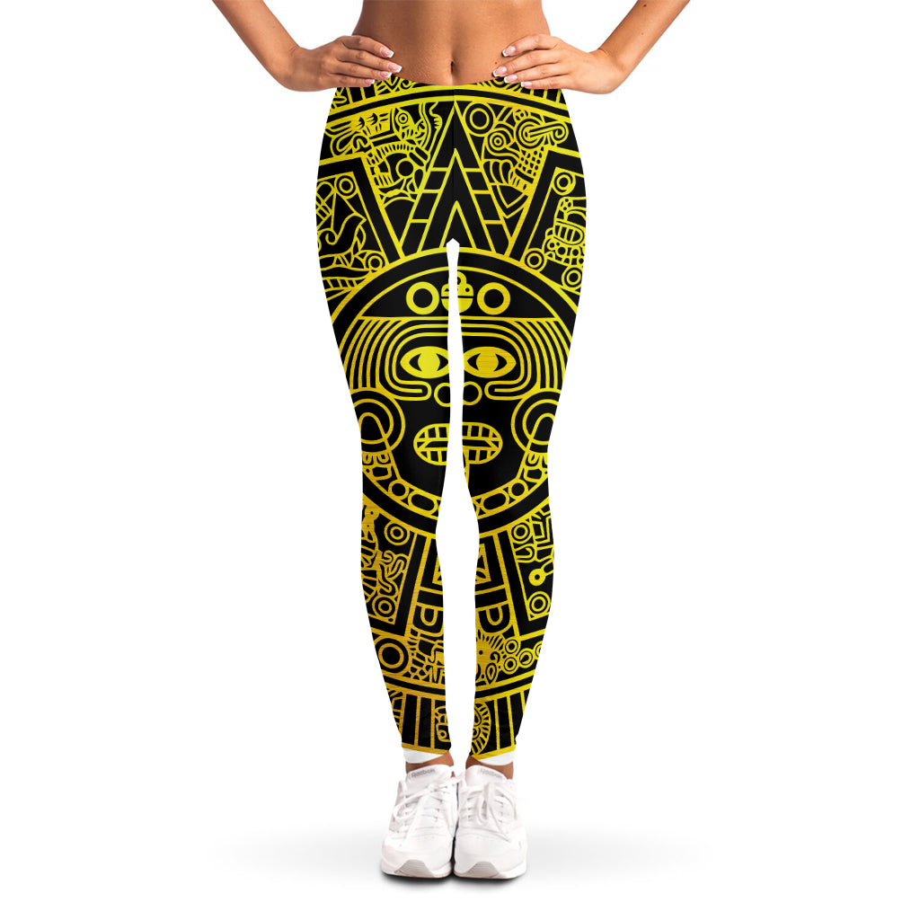 Black And Yellow Maya Calendar Print Women's Leggings