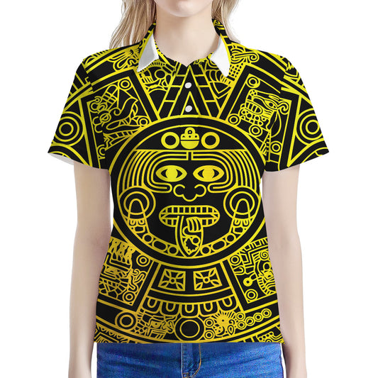 Black And Yellow Maya Calendar Print Women's Polo Shirt