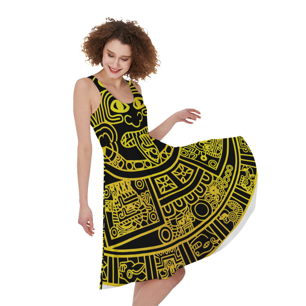 Black And Yellow Maya Calendar Print Women's Sleeveless Dress
