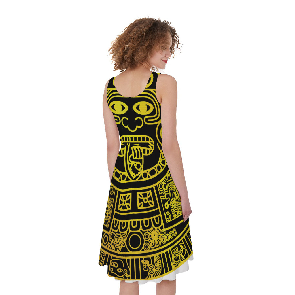 Black And Yellow Maya Calendar Print Women's Sleeveless Dress