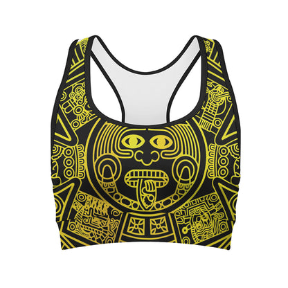 Black And Yellow Maya Calendar Print Women's Sports Bra