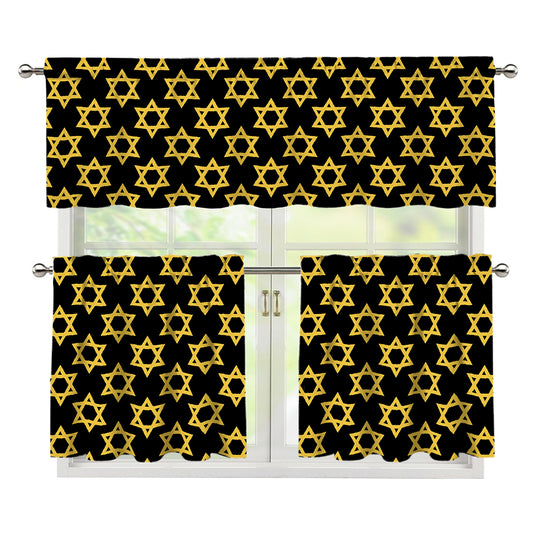 Black And Yellow Star of David Print 3 Piece Kitchen Curtains