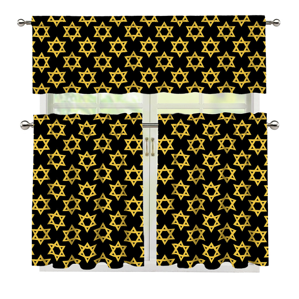 Black And Yellow Star of David Print 3 Piece Kitchen Curtains