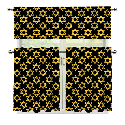 Black And Yellow Star of David Print 3 Piece Kitchen Curtains