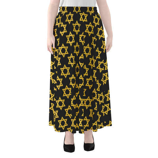 Black And Yellow Star of David Print Chiffon Maxi Skirt