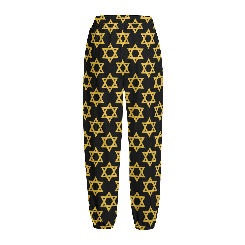 Black And Yellow Star of David Print Fleece Lined Knit Pants