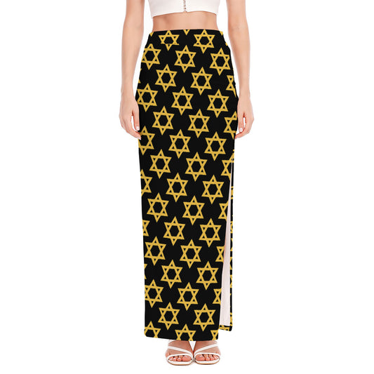 Black And Yellow Star of David Print High Slit Maxi Skirt
