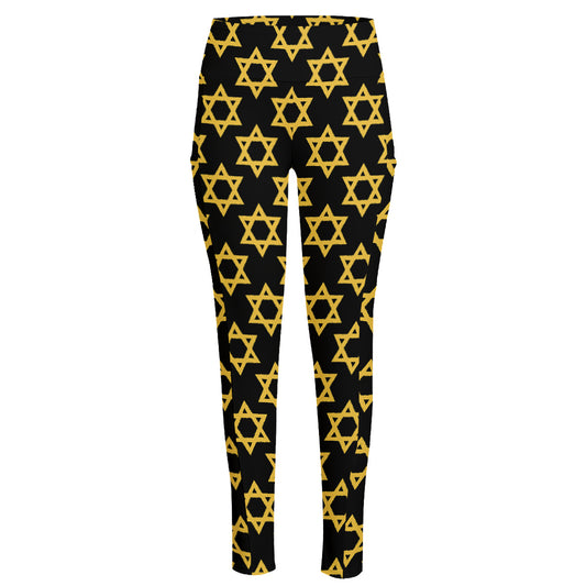 Black And Yellow Star of David Print High-Waisted Pocket Leggings