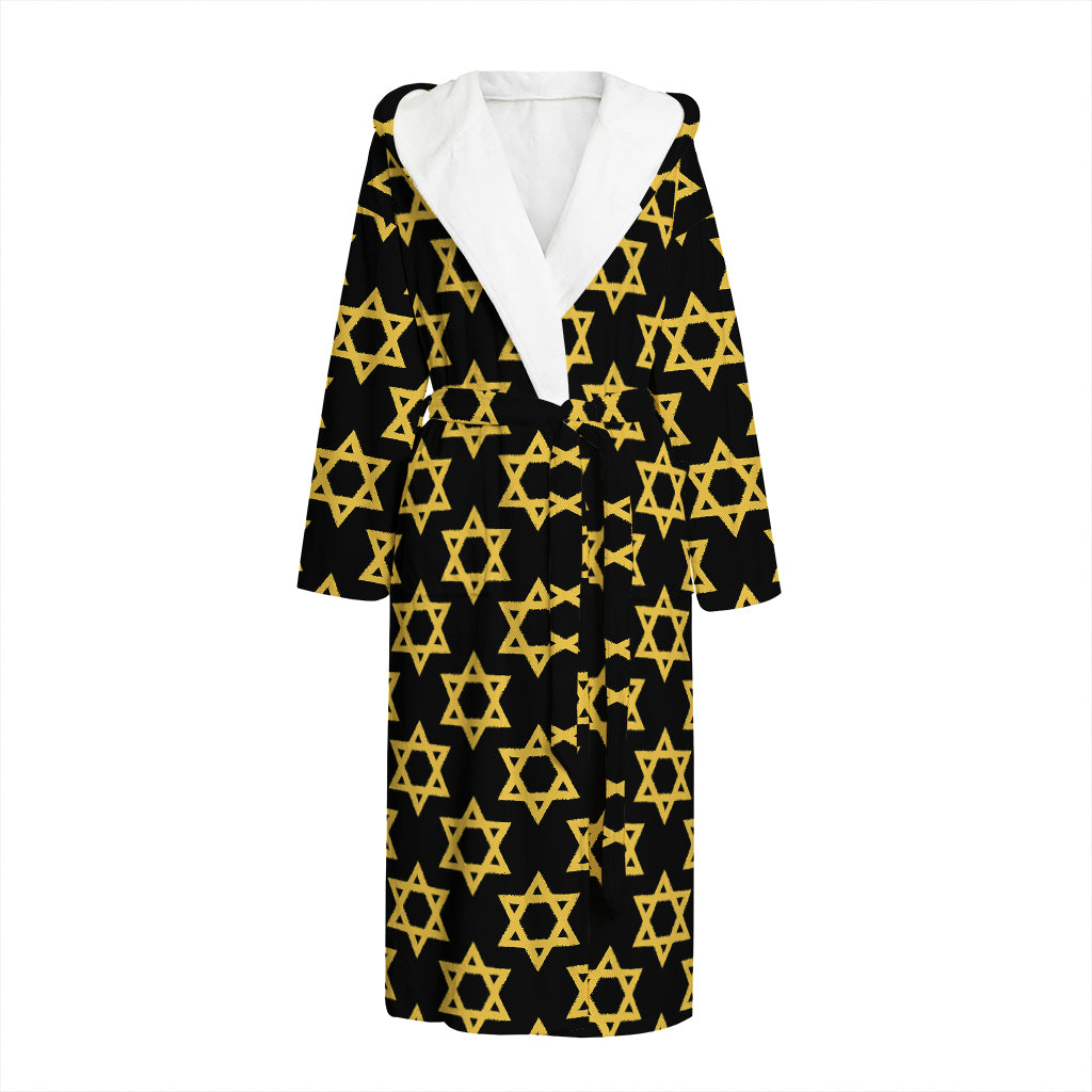 Black And Yellow Star of David Print Hooded Bathrobe