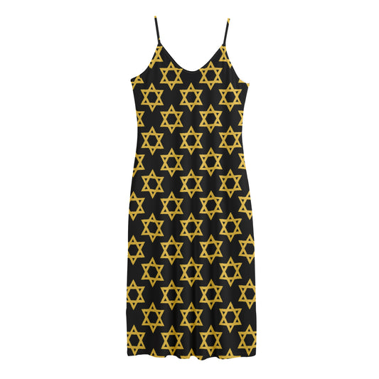 Black And Yellow Star of David Print Jersey Midi Cami Dress