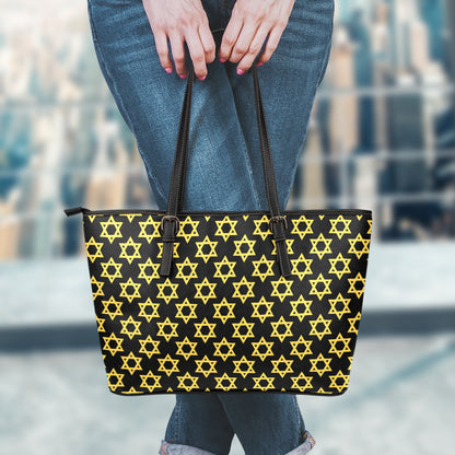 Black And Yellow Star of David Print Leather Tote Bag