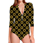 Black And Yellow Star of David Print Long Sleeve Swimsuit