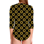 Black And Yellow Star of David Print Long Sleeve Swimsuit