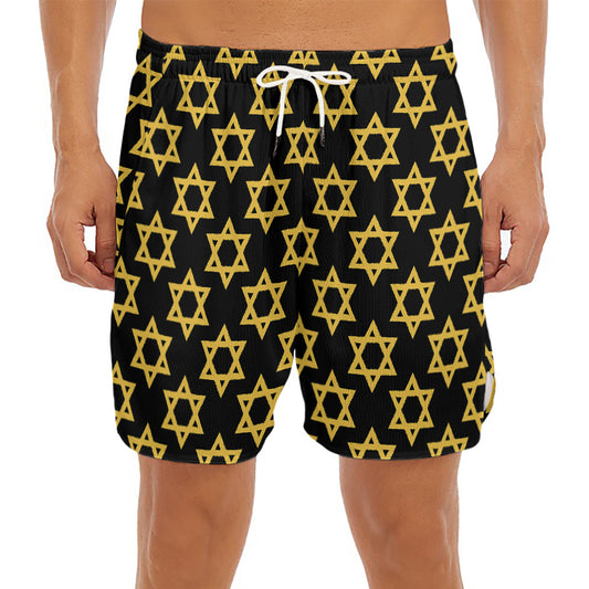 Black And Yellow Star of David Print Men's Split Running Shorts