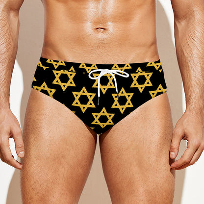 Black And Yellow Star of David Print Men's Swim Briefs