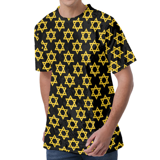 Black And Yellow Star of David Print Men's Velvet T-Shirt